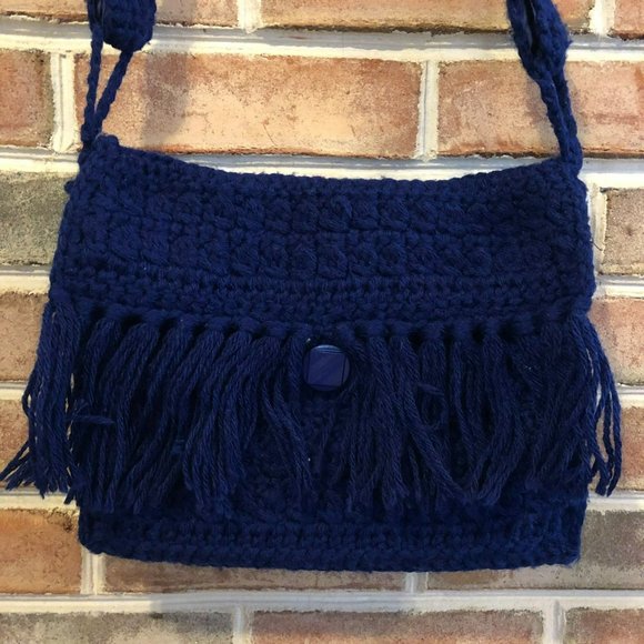 Crochet Artisan Purse Handbag Crossbody Navy Lined Fringe Hippie boho - Picture 1 of 8